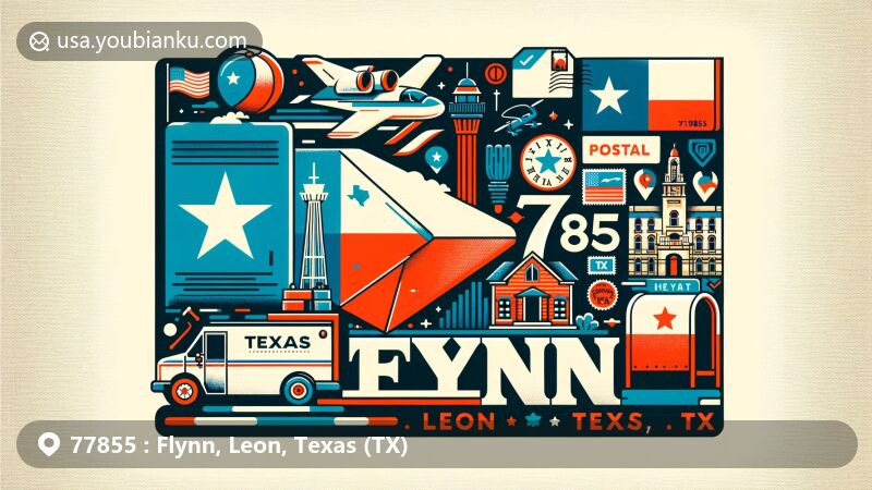 Modern illustration of Flynn, Leon County, Texas, highlighting ZIP code 77855 and Texas state flag, with symbols representing Flynn and postal elements like airmail envelope, postage stamps, postmark with '77855', mailbox, and mail truck.