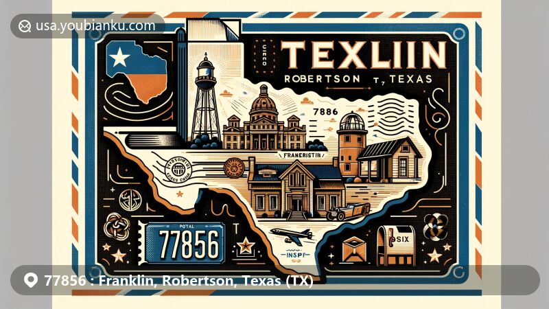 Modern illustration of Franklin, Robertson County, Texas (TX) showcasing postal theme with ZIP code 77856, featuring Texas outline, Robertson County, and cultural symbol of Franklin.