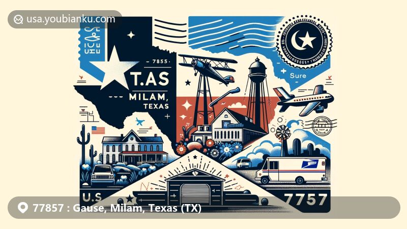 Creative illustration of Gause, Milam County, Texas, inspired by airmail envelope, showcasing Texas state flag, Milam County outline, and local landmark, with postal elements like stamp, postmark, ZIP code 77857, mailbox, and postal van.