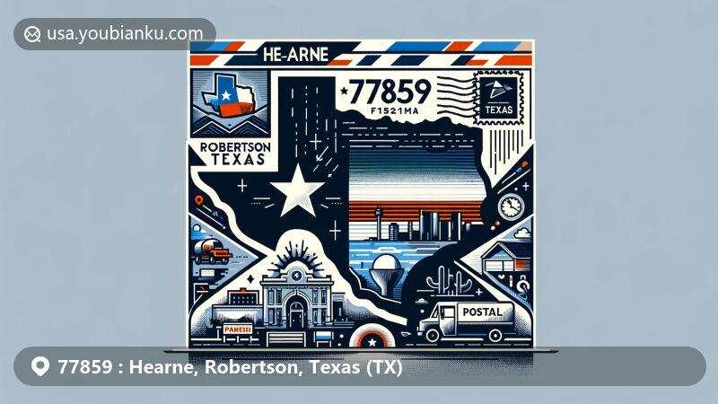 Modern illustration of Hearne, Robertson County, Texas, blending postcard and airmail envelope styles with Texas state flag, Robertson County outline, and local landmarks, showcasing postal elements like stamp, postmark, mailbox, and mail truck.