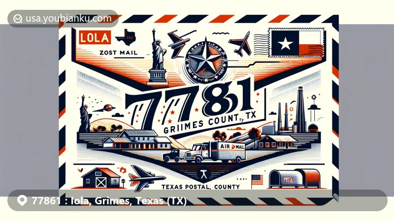 Creative illustration of Iola, Grimes County, Texas, with ZIP code 77861, featuring air mail envelope design and iconic Texas elements like state flag and Grimes County silhouette.