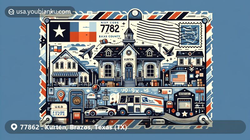 Modern illustration of Kurten, Brazos County, Texas, representing ZIP code 77862 with postal theme, including stamps, postmarks, mailboxes, and regional elements like Texas flag and Kurten landmarks.