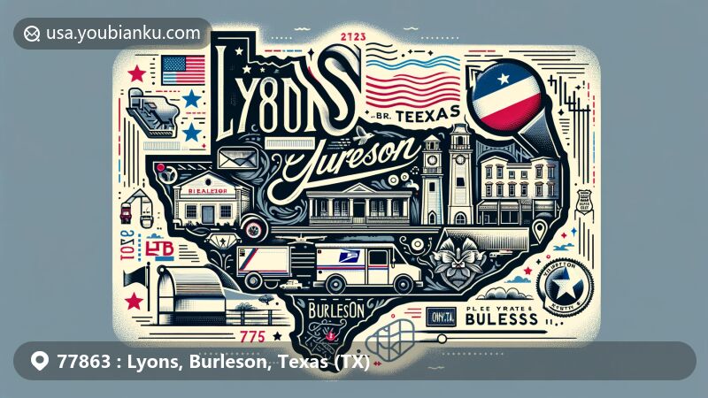 Modern illustration of Lyons, Burleson, Texas, highlighting postal theme with ZIP code 77863, featuring postcard design with postage stamp, postmark, mailbox, mail truck, Texas state flag, Burleson County outline, and cultural symbols of Lyons.