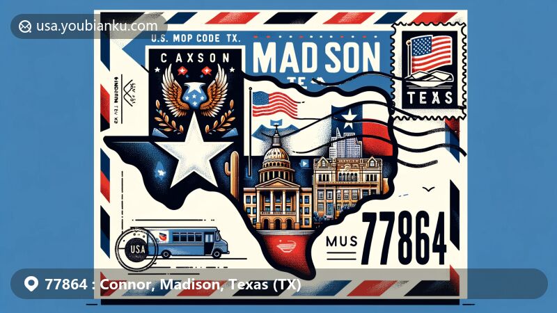 Illustration of Connor, Madison, Texas (TX) ZIP Code 77864, featuring vibrant airmail envelope with Texas state flag, Madison County outline, and a landmark from Connor.