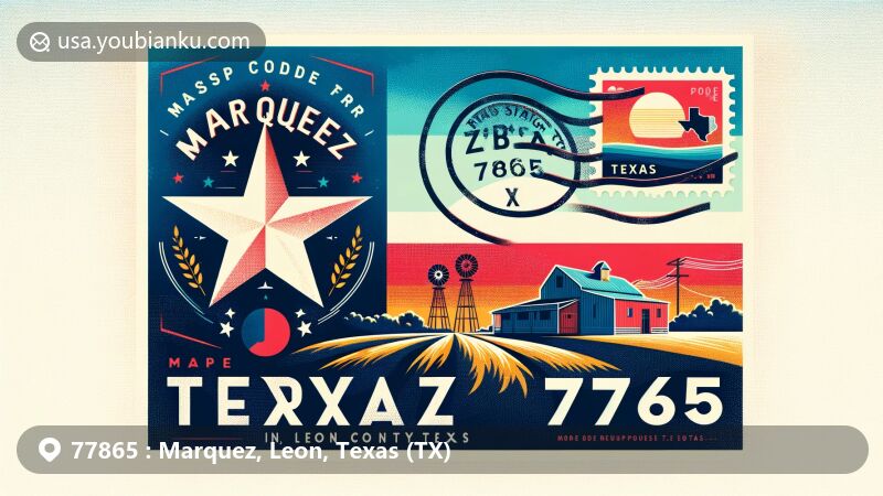 Modern illustration of Marquez, Leon County, Texas, in a vintage airmail envelope design, highlighting Texas state symbols and rural landscape.