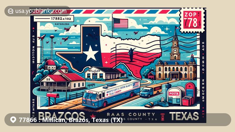 Modern illustration of Millican, Brazos County, Texas, featuring Texas state flag, Brazos County outline, Millican landmarks, Texan cultural elements, postal elements like postage stamp, postmark, ZIP code 77866, mailbox, and mail truck.