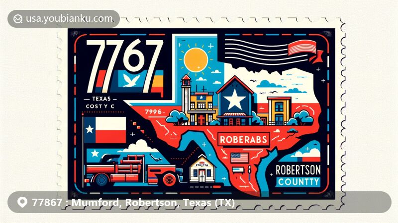 Creative illustration of Mumford, Robertson County, Texas, highlighting ZIP code 77867 with postcard design featuring map outline of Robertson County and state flag of Texas.