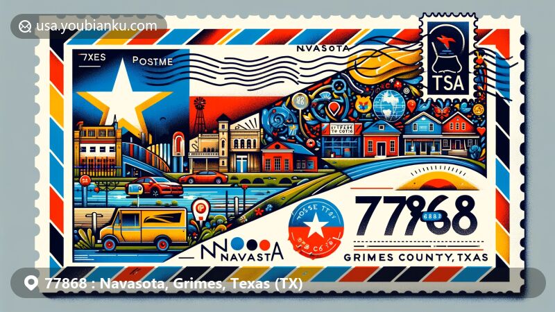 Innovative illustration of Navasota, Grimes County, Texas, highlighting ZIP code 77868 with a modern postal theme and Texan cultural elements.