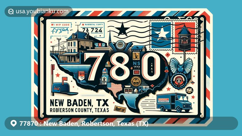 Modern illustration of New Baden, Robertson County, Texas, for ZIP code 77870, featuring creatively styled postcard with Texas state flag, local landmarks, and postal elements.