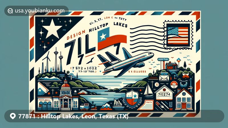 Modern illustration of Hilltop Lakes, Leon County, Texas (TX), with a postal theme resembling an airmail envelope, showcasing the Texas state flag, a map outline of Leon County, and cultural elements of the area.