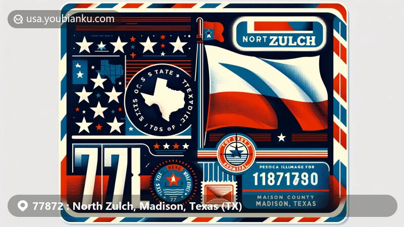 Modern illustration of North Zulch, Madison County, Texas, with postal-themed background resembling an airmail envelope, featuring Texas state flag, Madison County silhouette, and vintage postal elements.