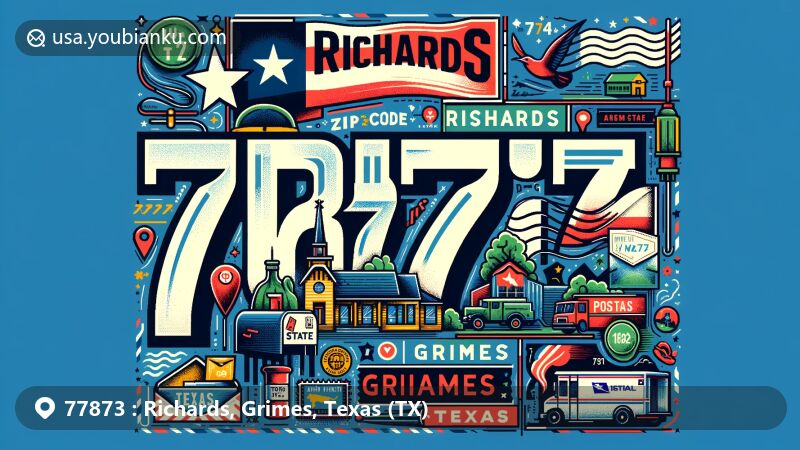 Creative illustration for ZIP Code 77873, Richards, Grimes, Texas, featuring state flag, Grimes County outline, local landmarks, and postal elements in a postcard format.