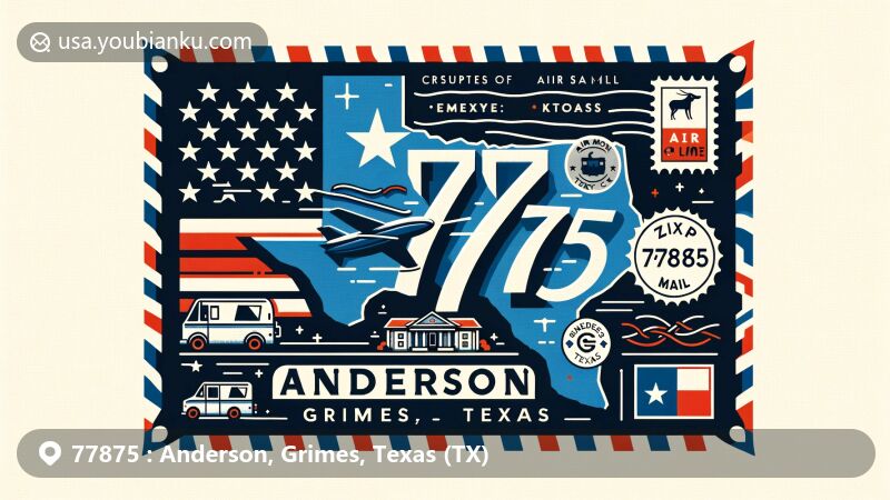 Modern illustration of Anderson, Grimes County, Texas, resembling an air mail envelope with iconic elements like the Texas state flag, Grimes County's map silhouette, and a landmark from Anderson.