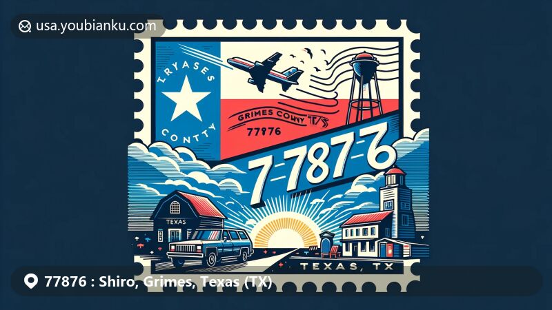 Modern illustration of Shiro, Grimes County, Texas, representing ZIP code 77876 with Texas state flag, Grimes County map, and Shiro cultural icon, styled as a postcard with '77876' and 'Shiro, TX' postmark and stamp.