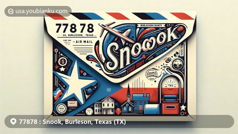 Modern illustration of Snook, Burleson, Texas, showcasing postal theme with ZIP code 77878, featuring Texas state flag, Burleson County outline, and iconic Snook images.