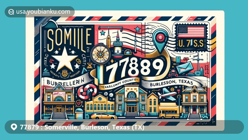 Modern illustration of Somerville, Burleson, Texas (TX), highlighting postal theme with ZIP code 77879, featuring Texas state flag, Burleson County outline, and unique landmarks of Somerville.