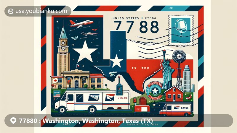 Modern illustration of ZIP code 77880, Washington, Washington, Texas, showcasing state flag, landmark outlines, and postal elements like postage stamp, postmark, mailbox, and mail truck.
