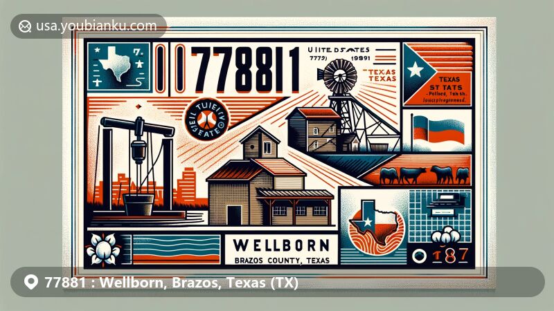 Modern digital illustration of Wellborn, Brazos County, Texas, showcasing postal theme with ZIP code 77881, featuring cotton gin, well, Texas state flag, and Brazos County map outline.