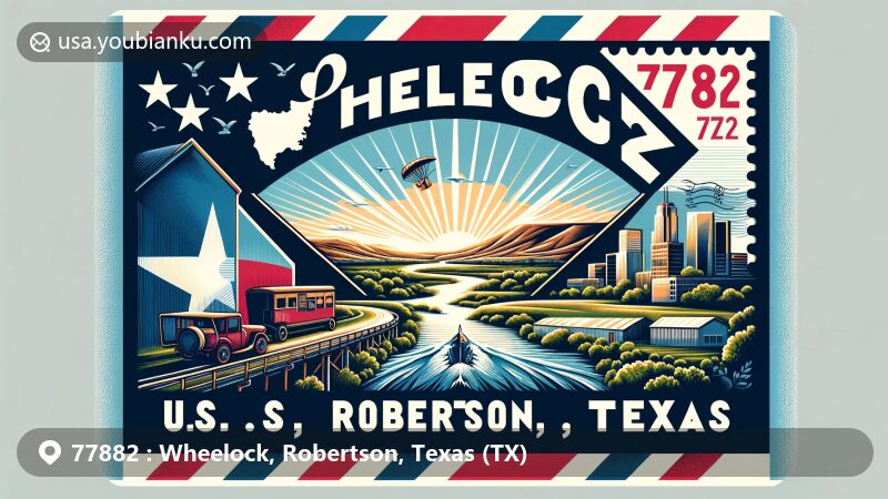 Modern illustration of Wheelock, Robertson County, Texas, capturing the essence of ZIP code 77882 with Texas state flag, scenic views, and postal stamp.