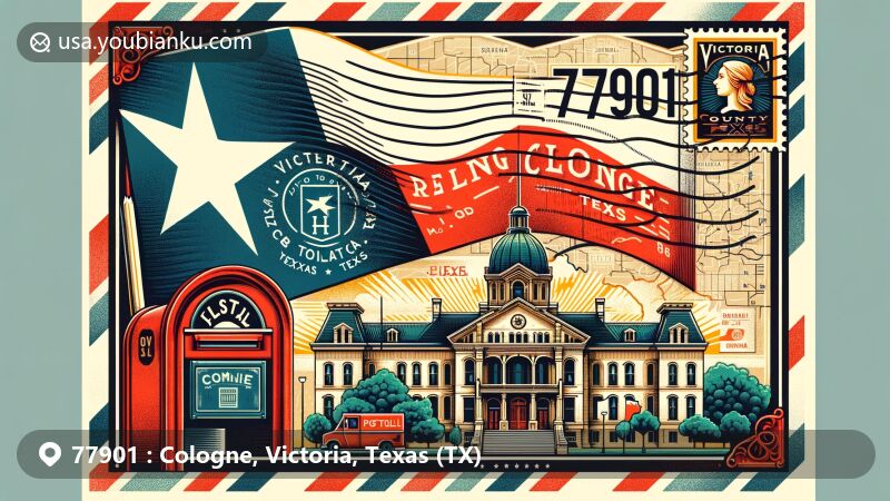 Modern illustration of Cologne, Victoria, Texas, with Texas flag, Victoria County Courthouse, and vintage postal stamp, showcasing ZIP code 77901.