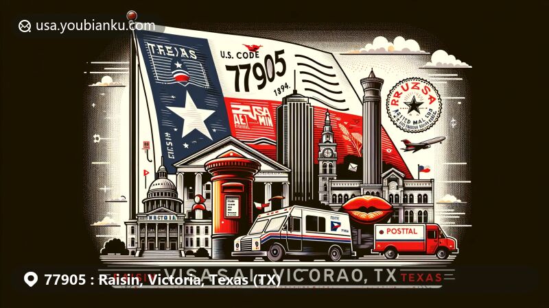 Modern illustration of Raisin, Victoria, Texas, highlighting postal theme with ZIP code 77905, featuring Texas state flag, Victoria County map, and iconic city landmark.