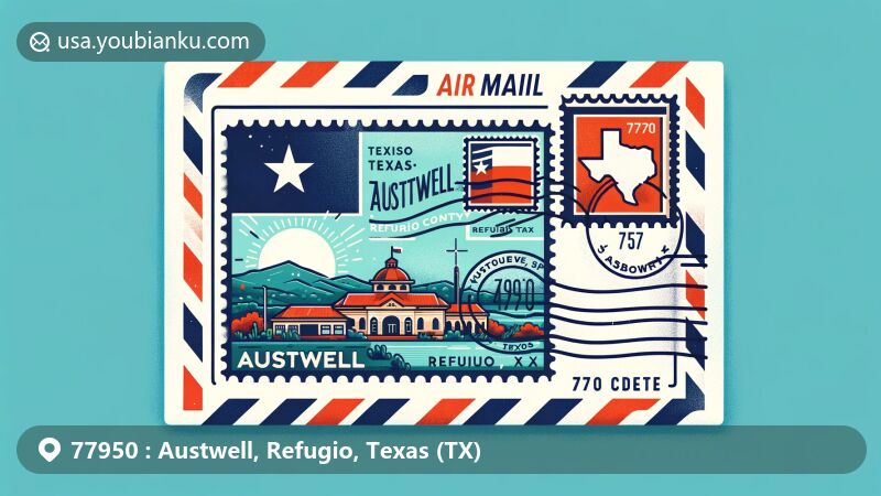 Modern illustration of Austwell, Refugio County, Texas, styled as a postcard with ZIP code 77950, featuring iconic Texan symbols and a postage stamp showcasing local landmarks.