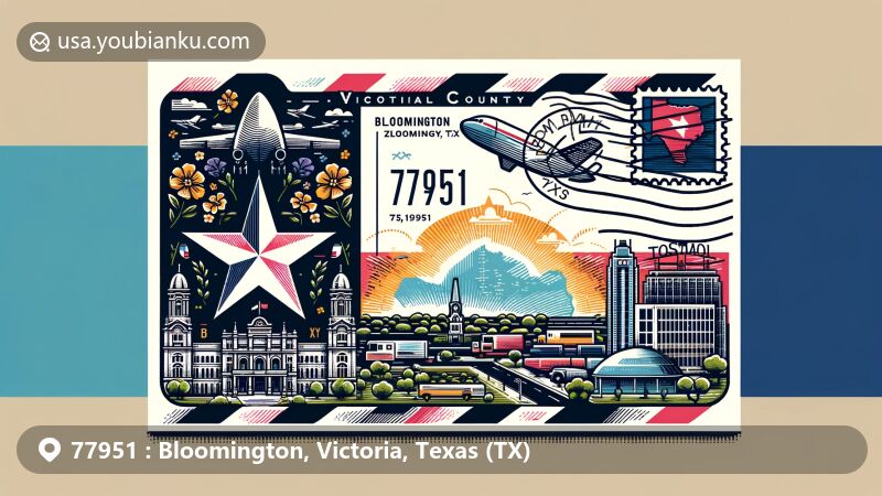 Modern illustration of Bloomington, Victoria, Texas (TX), highlighting postal theme with ZIP code 77951, featuring Texas state flag, Victoria County map, and local landmark. Creative and visually appealing design.