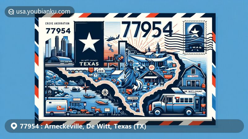 Modern illustration of Arneckeville, De Witt County, Texas, representing ZIP code 77954, with Texas state flag, county outline, and local landmark blended with postal theme.