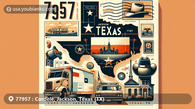 Modern illustration of Cordele and Jackson, Texas, ZIP Code 77957, featuring iconic Texan elements like cowboy hat and boots, state flag, and a silhouette of Texas, along with postal elements like air mail envelope, mailbox, and mail truck.