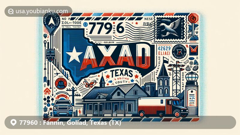Modern illustration of Fannin, Goliad, Texas, showcasing postal theme with ZIP code 77960, featuring Texas state flag, Goliad County map, and iconic local landmarks.