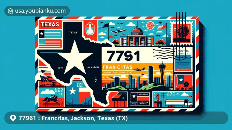 Modern illustration of Francitas, Jackson County, Texas, with ZIP code 77961, featuring iconic Texas symbols like the state flag and silhouette, along with Francitas landmarks and Jackson County emblem.