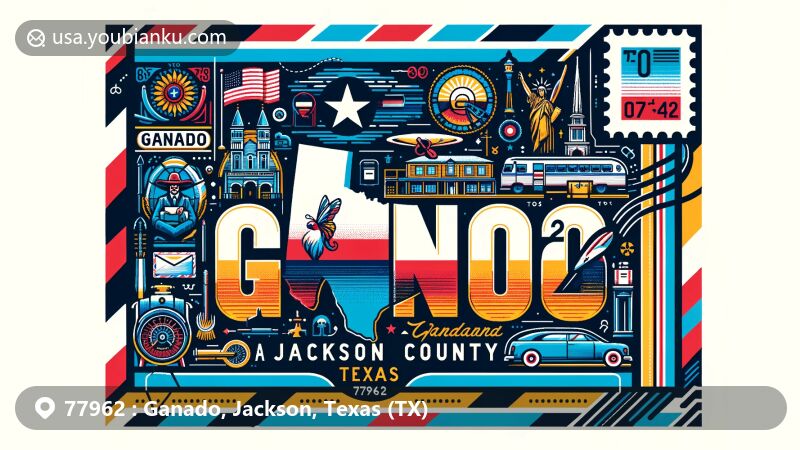 Contemporary depiction of Ganado, Jackson County, Texas, presenting postal theme with ZIP code 77962, showcasing Texas state flag and an outline of Jackson County.