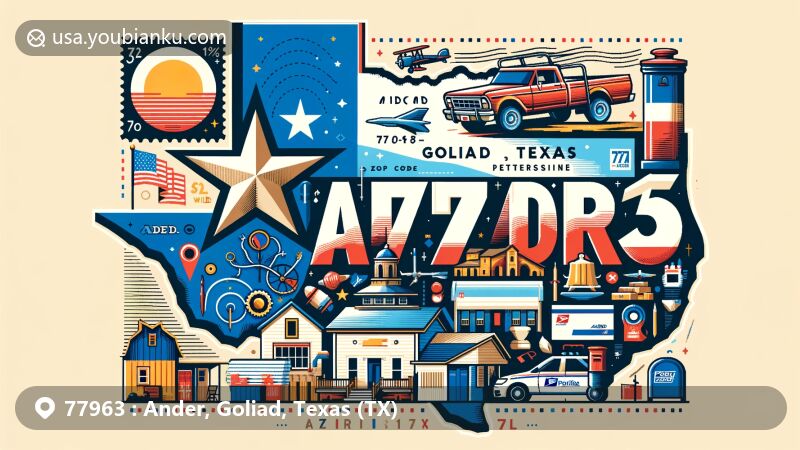 Modern illustration of Ander, Goliad, Texas, with Texas state flag, Goliad County shape, and Ander landmarks, including postal elements like postcard and ZIP code 77963.