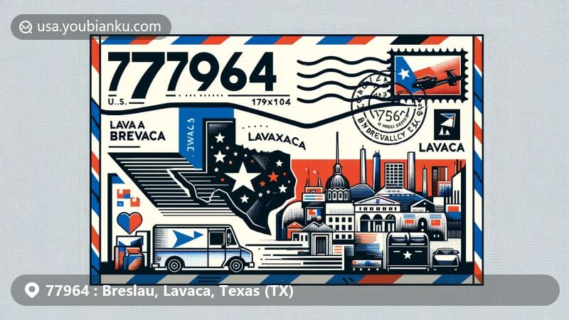 Creative illustration of Breslau, Lavaca, Texas, ZIP code 77964, featuring Texas state flag, Lavaca County outline, Breslau landmarks, postal elements like stamp & postmark.