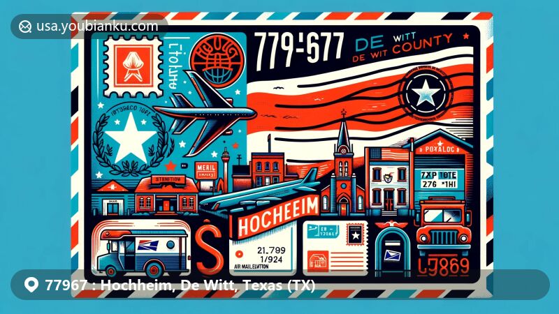Modern illustration of Hochheim, De Witt County, Texas, featuring postal theme with ZIP code 77967, showcasing Texas state flag, De Witt County outline, and local cultural symbols.