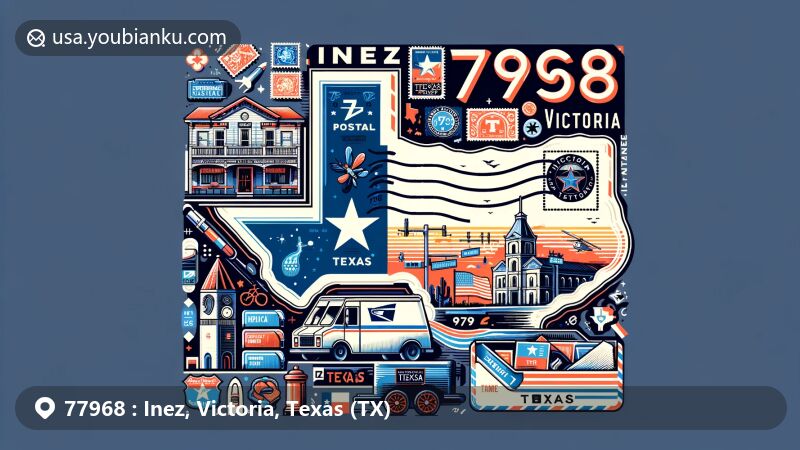 Modern illustration of Inez, Victoria, Texas, showcasing postal theme with ZIP code 77968, featuring elements like postcard, stamps, mailbox, and mail van.