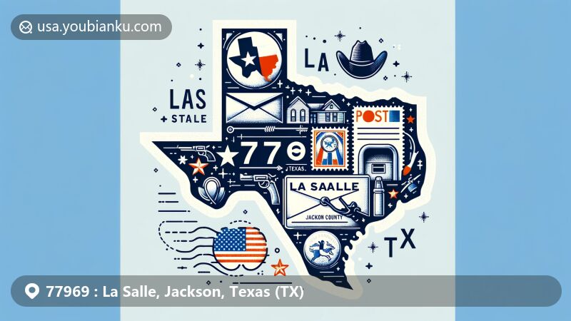 Modern illustration of La Salle and Jackson, Texas, showcasing postal theme with ZIP code 77969, featuring Texas flag, cowboy hat, airmail envelope with Texas outline, and unique postage stamp.