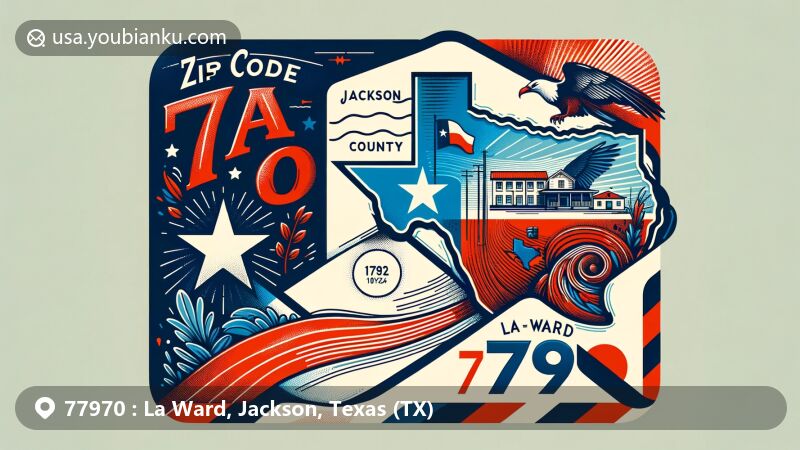 Modern illustration of La Ward, Jackson County, Texas, designed as an airmail envelope with Texas state flag and county outline, showcasing ZIP code 77970.