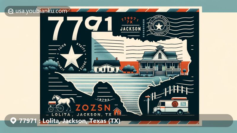 Modern illustration of Lolita, Jackson County, Texas, reflecting ZIP code 77971 with Texas state flag, geographical outline, local landmark, and postal elements.