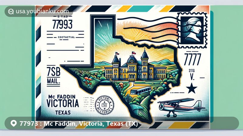Vibrant illustration of Mc Faddin, Victoria County, Texas, showcasing postal theme with ZIP code 77973, highlighting Texas outline and local landmarks.