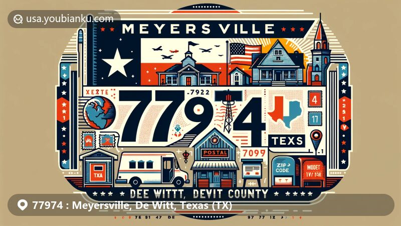 Modern illustration of ZIP code 77974 in Meyersville, De Witt, Texas, incorporating Texas state flag, De Witt County outline, local landmarks, postal icons like postcard and mail trucks, and ZIP code design.