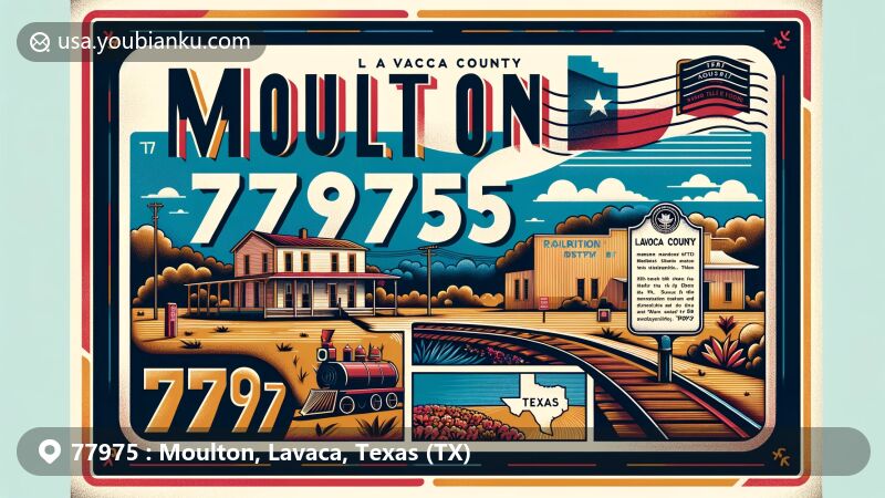 Modern illustration of Moulton, Lavaca County, Texas, featuring vintage air mail envelope design with ZIP code 77975, historical marker representing founding history, and stylish representation of local Texan landscape.