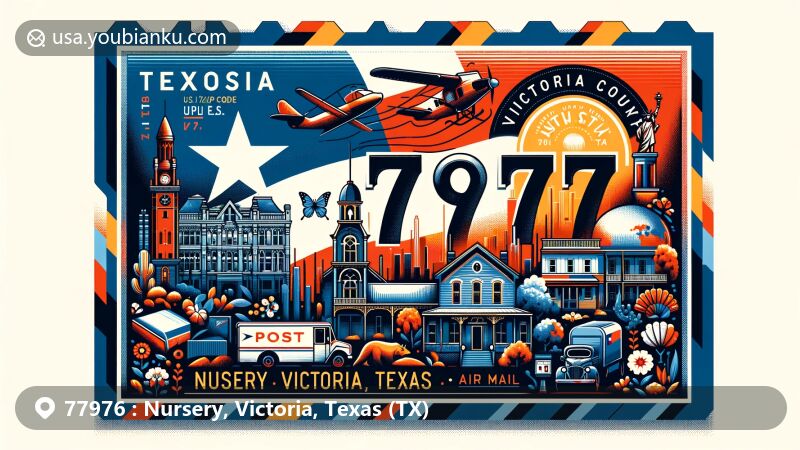 Modern illustration of Nursery, Victoria County, Texas, featuring iconic Texas elements and postal theme with vintage postage stamp, postmark, and mailbox, showcasing historic architecture and natural beauty.