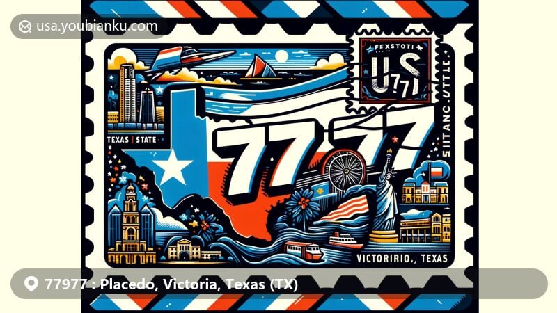 Modern illustration of Placedo, Victoria, Texas, with postal theme for ZIP code 77977, showcasing Texas state flag, Victoria County outline, and local landmark.