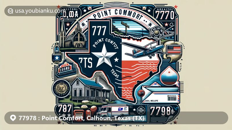 Modern illustration of Point Comfort, Calhoun County, Texas, representing ZIP code 77978 with Texas state flag and local landmarks in a postcard format.