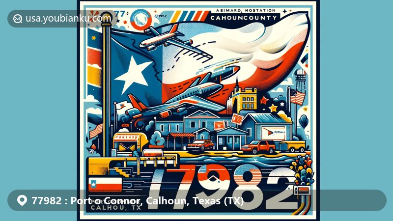 Modern illustration of Port o Connor, Calhoun County, Texas, blending regional features with postal themes, showcasing Texas state flag, Calhoun County outline, and iconic landmarks, creatively designed as a postcard with ZIP code 77982, postage stamp, postmark, mailbox, and mail truck.