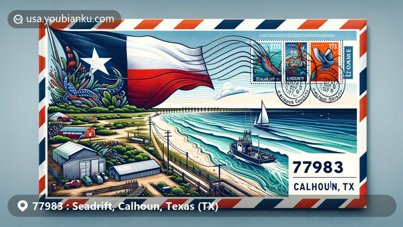 Modern illustration of Seadrift, Calhoun County, Texas, resembling a colorful airmail envelope with Texas flag, coastal landscape, and county map, featuring fishing boat, Gulf Coast view, and '77983' postmark.