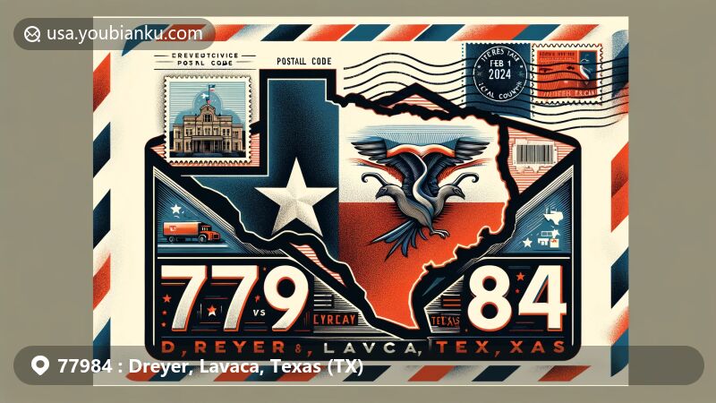 Creative illustration of Dreyer, Lavaca, Texas, capturing ZIP code 77984 with Texas state flag detail and Lavaca County outline, showcasing Dreyer's landmark and postal theme.