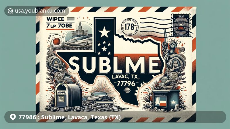 Modern illustration of Sublime, Lavaca County, Texas, highlighting postal theme with ZIP code 77986, featuring Texas state flag, Lavaca County outline, vintage postmark, postage stamp with Texas landmark, and American mailbox.