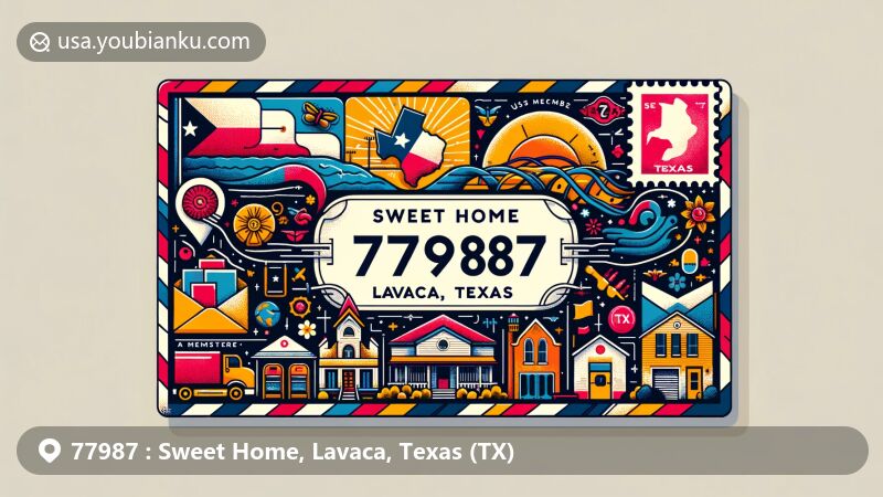 Modern illustration of Sweet Home, Lavaca County, Texas, highlighting postal theme with ZIP code 77987, featuring local landmarks and Texas state symbols.
